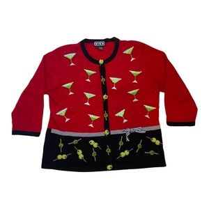 Vintage knit cardigan martini 3d olive olives beaded red green kitsch print